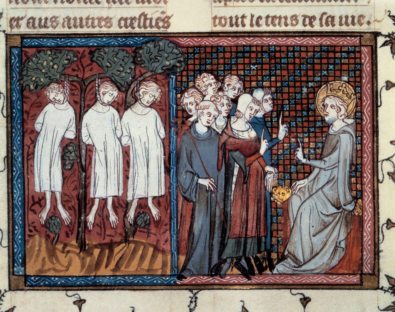 Exécutions ordonnées par Enguerrand IV de Coucy. Louis IX rendant justice. Miniature de Mahiet dans « Vie et miracles de Saint Louis », manuscrit de Guillaume De Saint Pathus - Master of the Cambrai Missal Mahiet