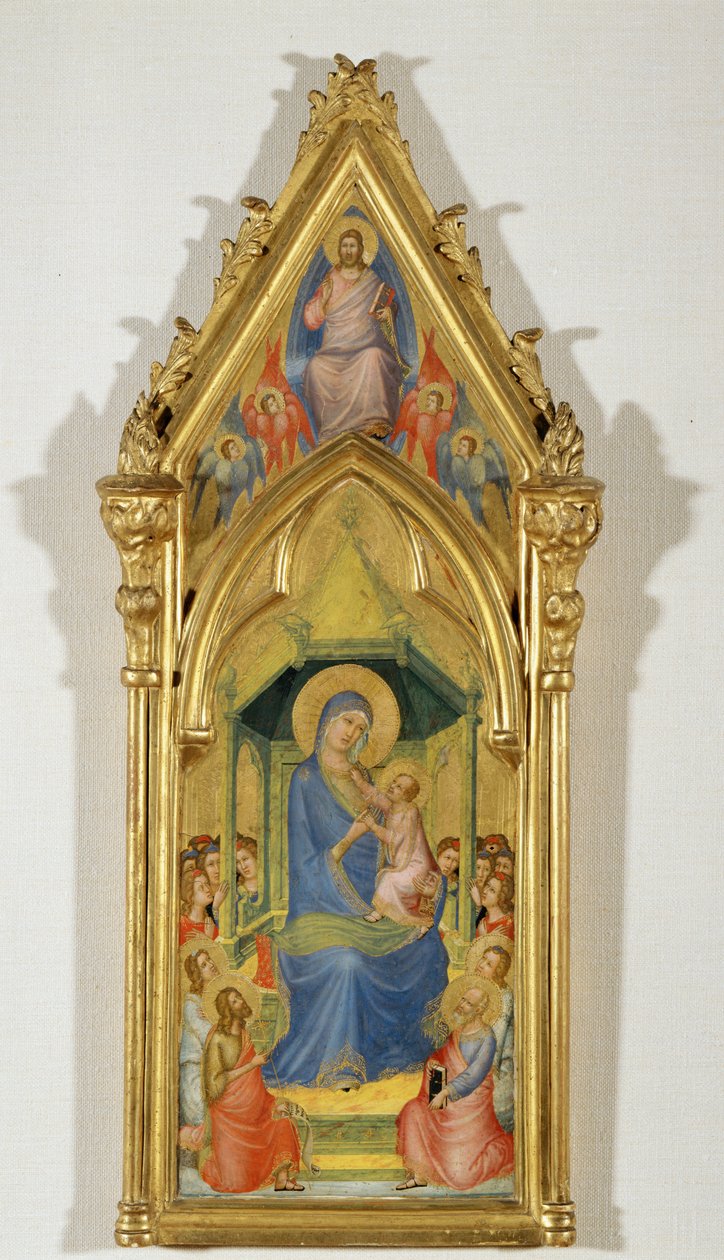 Madone sur un trône entre deux anges, Saint Jean-Baptiste et Saint Pierre (peinture sur bois) - Master of the Codex of Saint George