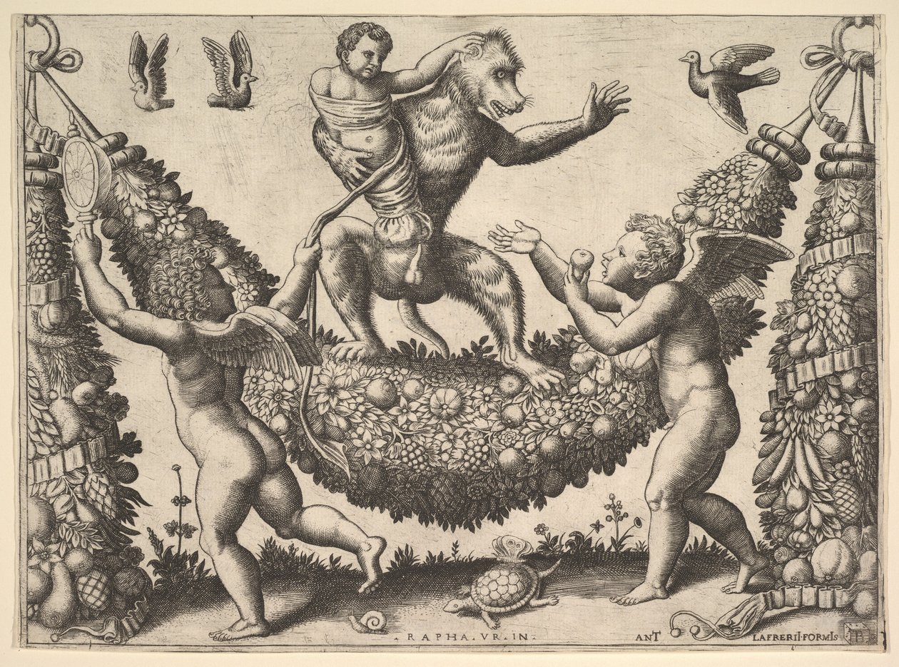 Un singe tenant un putto lié debout sur une guirlande devant laquelle se trouvent deux ailes..., 1530-60 - Master of the Die
