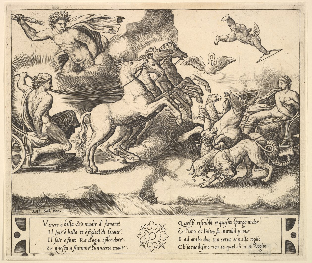 Apollon dans son char tiré par des chevaux à gauche, au-dessus de lui Jupiter lance un tonnerre..., 1530-60 - Master of the Die