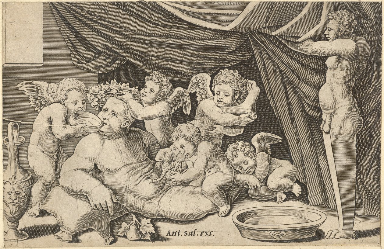 Speculum Romanae Magnificentiae : Bacchus entouré de putti avec Priape tenant..., XVIe siècle - Master of the Die