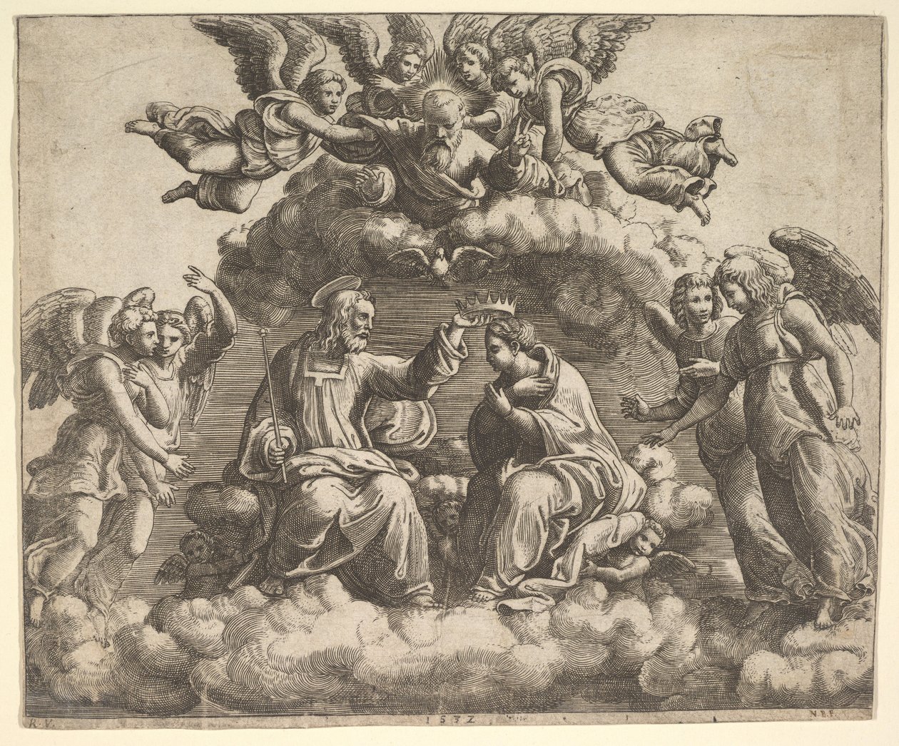 Le couronnement de la Vierge, le Christ tenant la couronne au-dessus de sa tête, Dieu le Père bénissant - Master of the Die