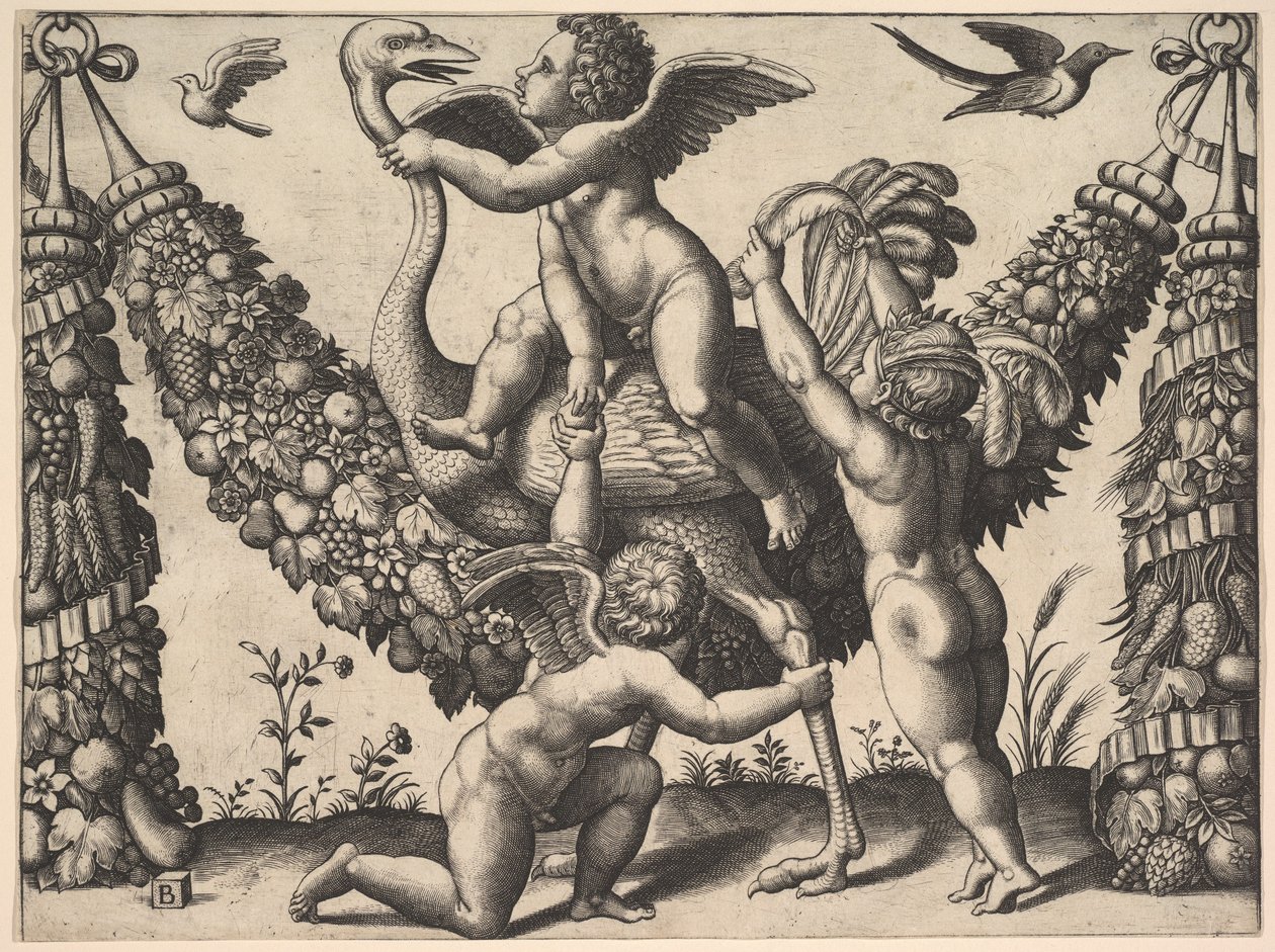 Trois putti devant une grande guirlande, celui du milieu monte une autruche, ca. 1530-40 - Master of the Die