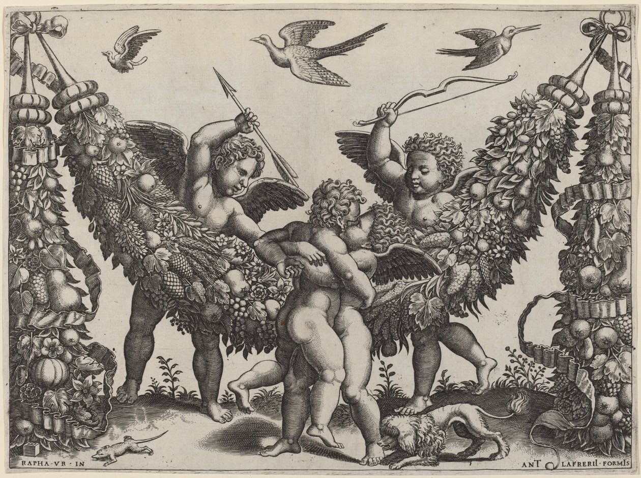 Deux Putti frappant un autre qui serre un enfant - Master of the Die after Raphael