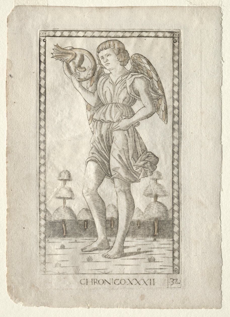 Génie du Temps de la série Tarocchi, série B : Principes cosmiques et vertus, #32, avant 1467 - Master of the E Series Tarocchi