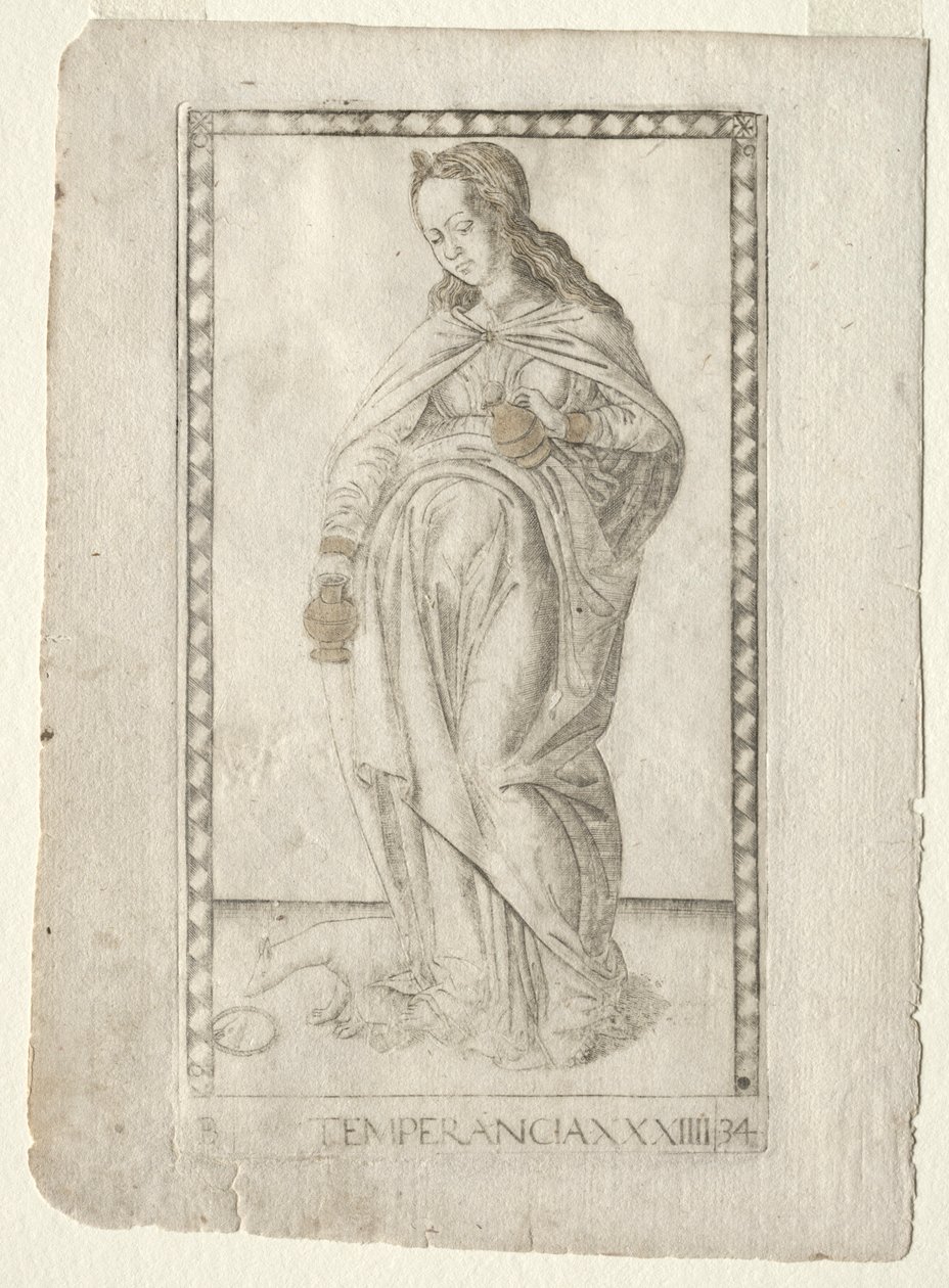 Tempérance des Tarocchi, série B : Principes Cosmiques & Vertus, #34, avant 1467 - Master of the E Series Tarocchi