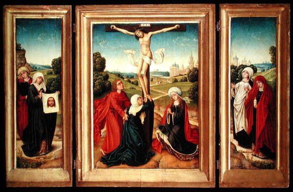 Triptyque avec le panneau central représentant la Crucifixion avec la Vierge, Saint Jean et Marie-Madeleine; l