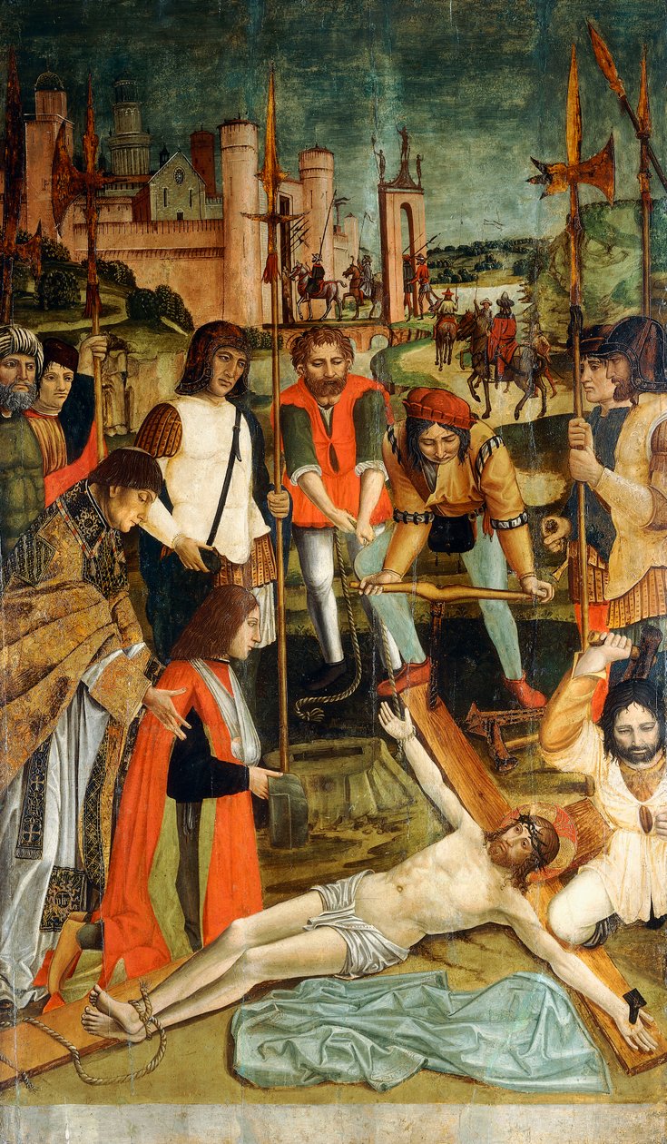 Christ cloué sur la croix avec un donateur avec son bras en écharpe présenté par un prêtre - Master of the Pavia Deposition