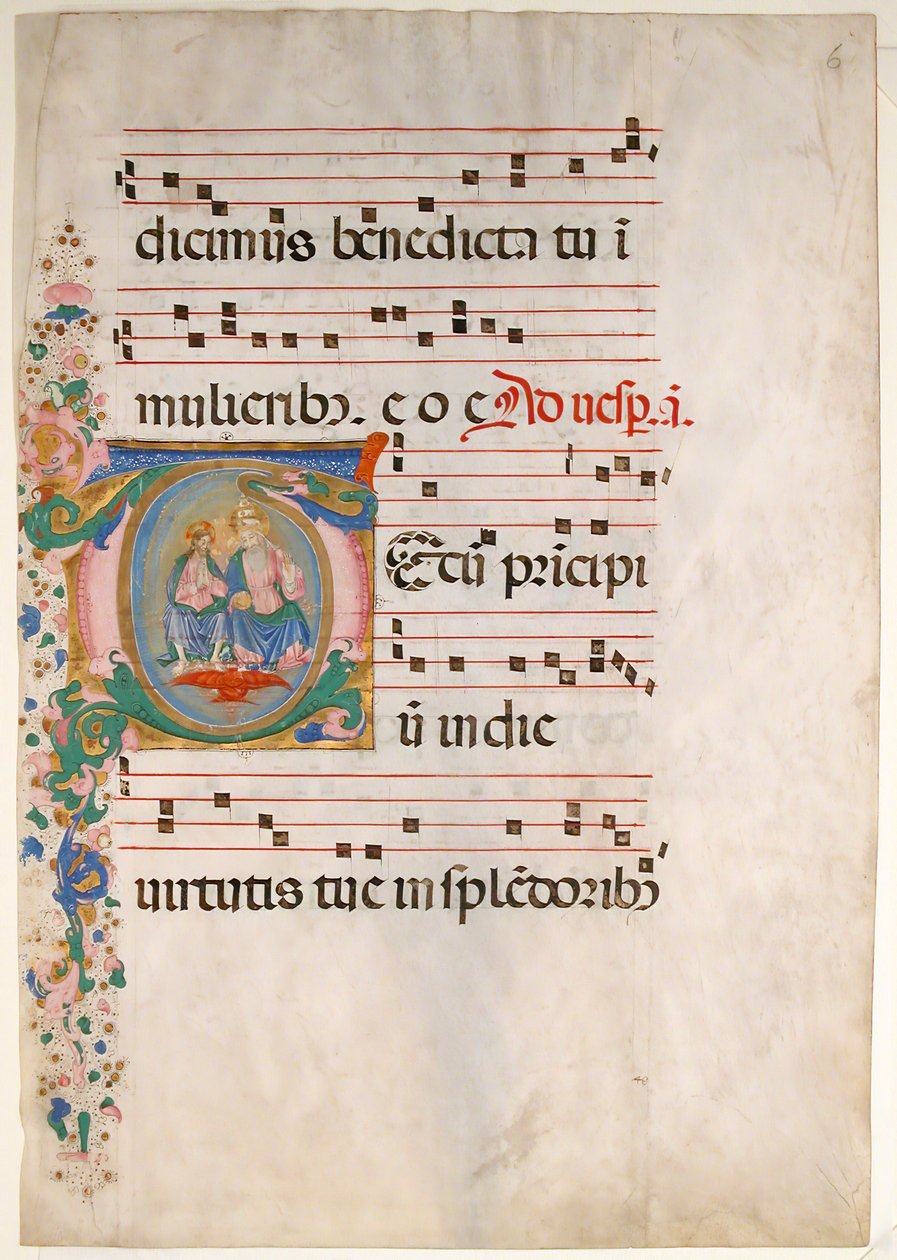 Feuille de manuscrit avec la Trinité dans une initiale T, d