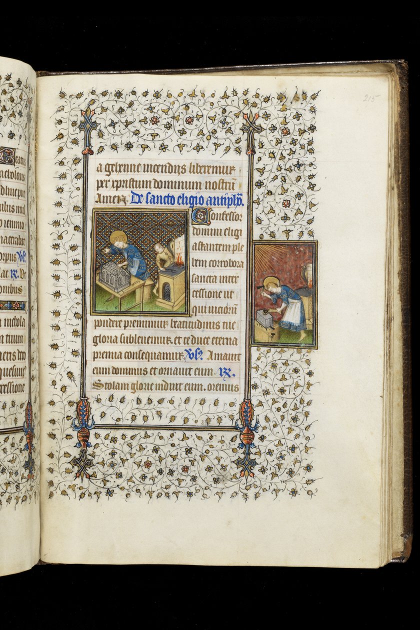 Ms 62 f.215r St. Éloi fabriquant un sanctuaire; St. Éloi à une enclume, d