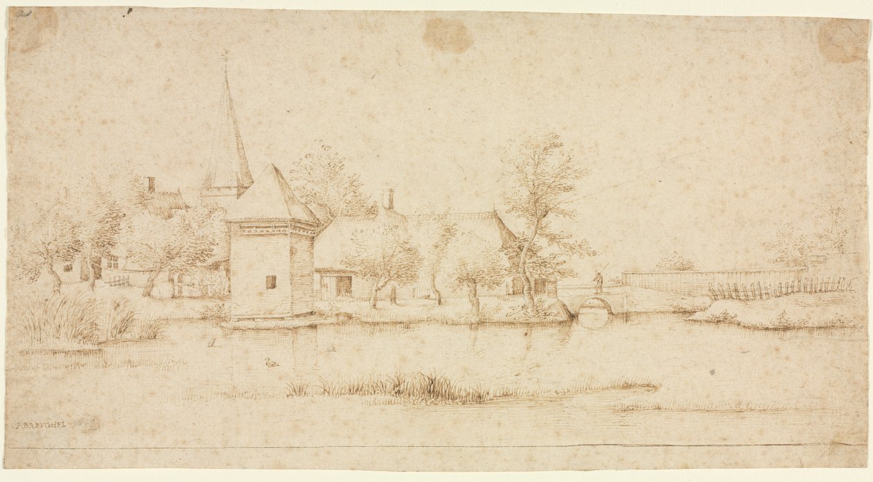 Paysage avec un village entouré de douves - Master of the Small Landscapes