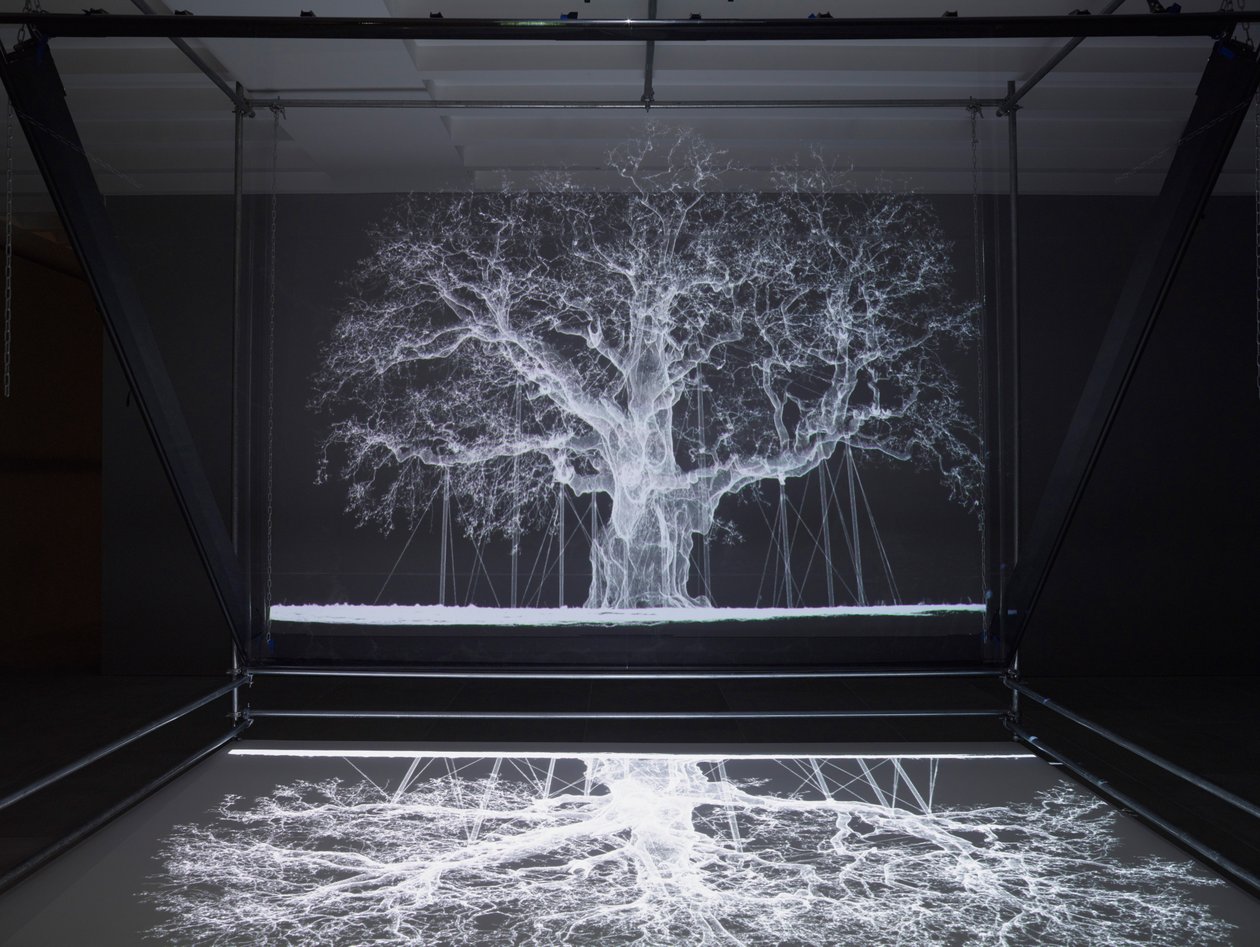 Albion, 2017 (projecteur, lecteur multimédia, échafaudage, film transparent, bois, peinture, miroir, accessoires d
