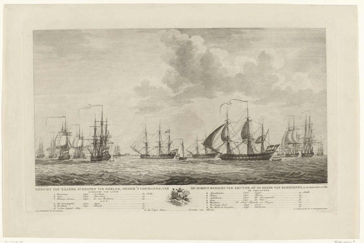 Flotte de guerre néerlandaise devant Rammekens, 1782-1783 Vue des navires de guerre du pays, sous le commandement du contre-amiral Van Kruyne, en rade de Rammekens, en 1782 et 1783 - Mathias de Sallieth