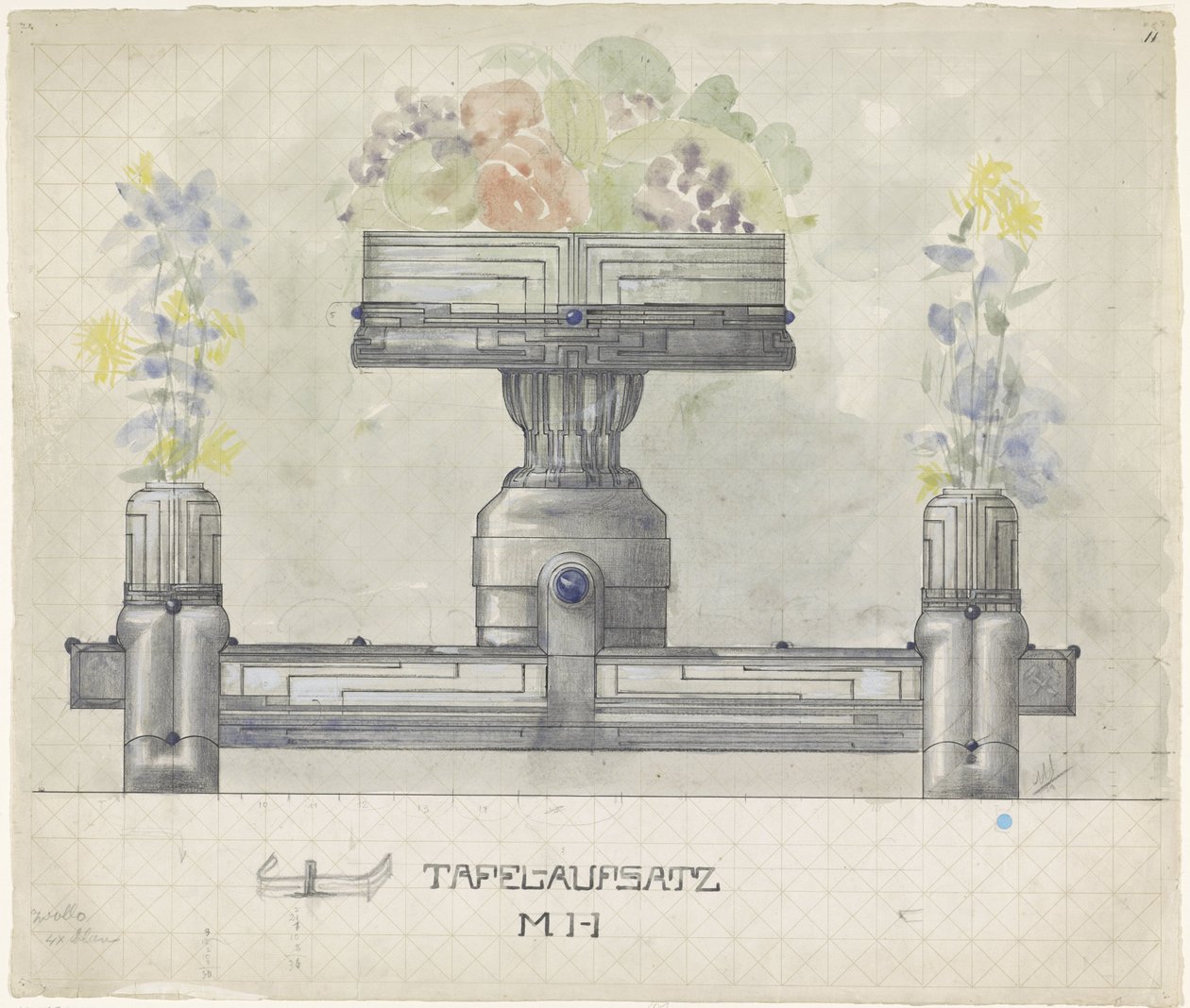 Conception pour un centre de table en argent, décoré de fleurs et de fruits - Mathieu Lauweriks