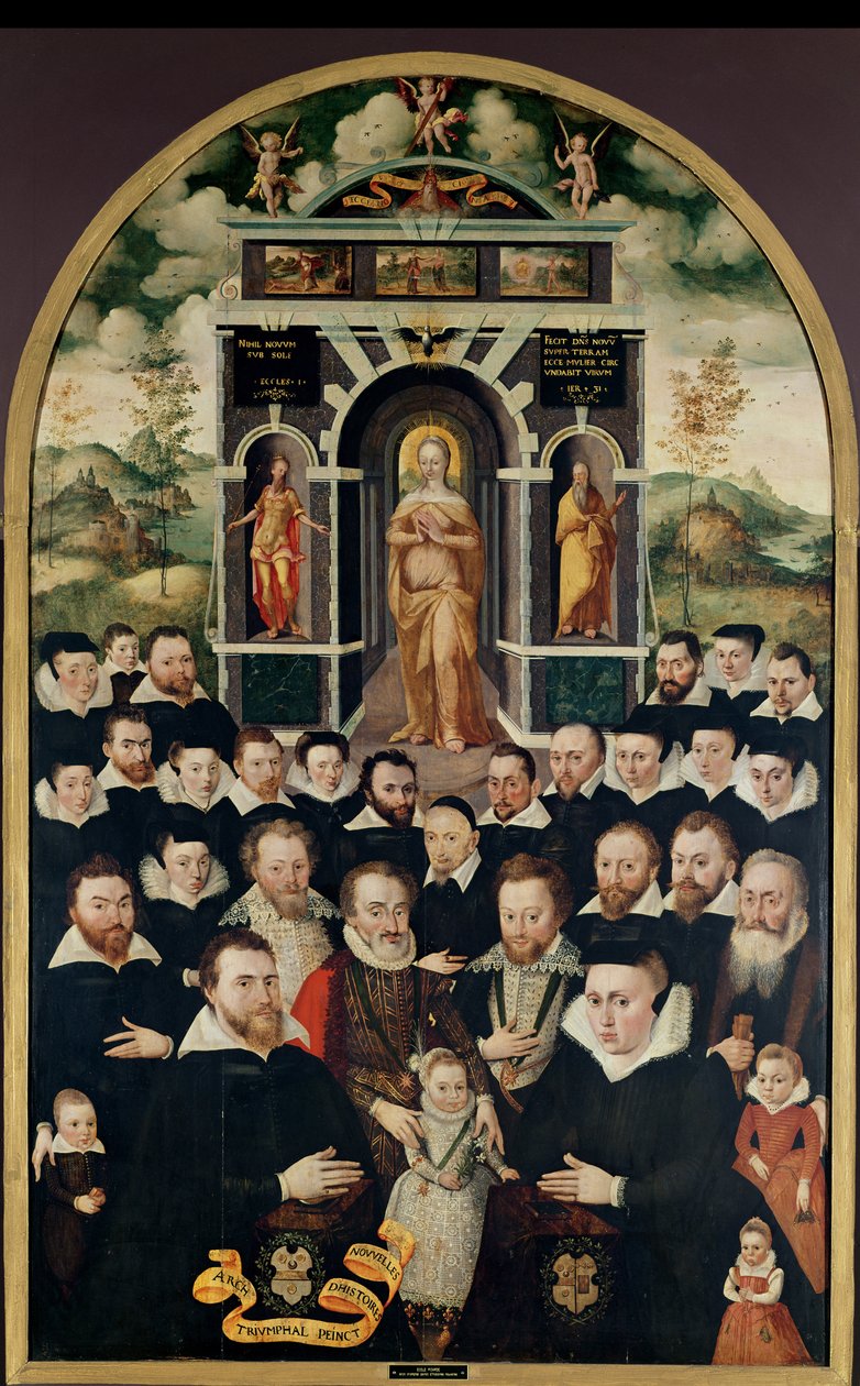 Panneau allégorique représentant la Vierge, Henri IV et les courtisans, donateurs, son épouse et les membres de leur famille - Mathieu Prieur