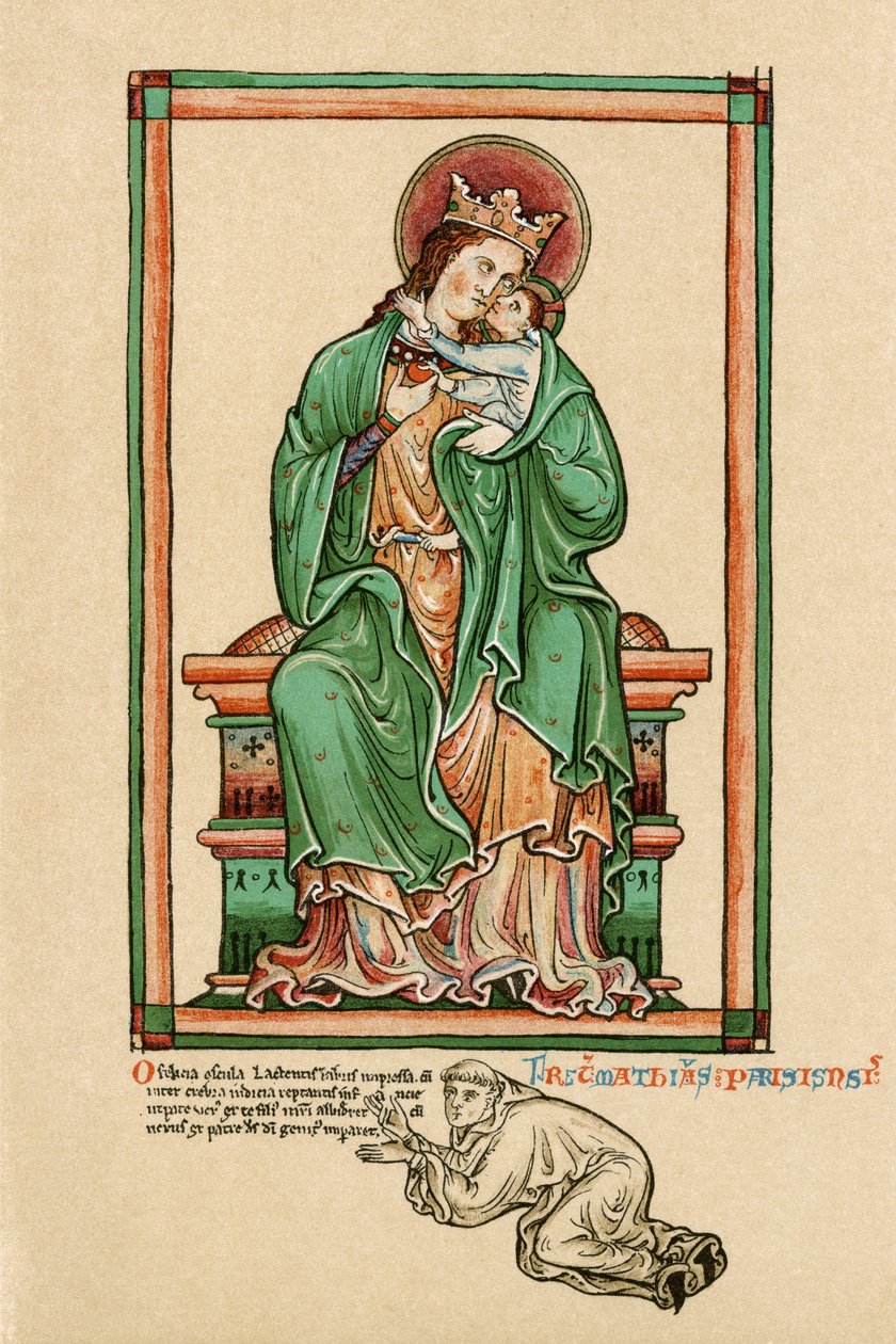 Vierge et enfant avec autoportrait agenouillé à leurs pieds - Matthew Paris
