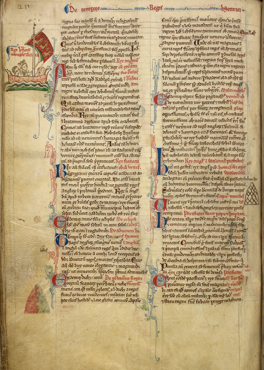 Royal 14 C. VII, f.116v Dessin marginal du roi Henri III traversant la Manche vers la Bretagne, avec une partie du texte accompagnant de la main de l