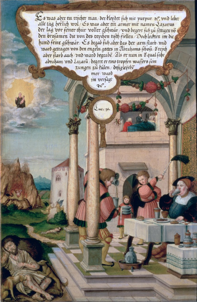 Lazare et la table du riche (Luc 16), section du panneau latéral du retable de Mompelgarter - Matthias Gerung or Gerou