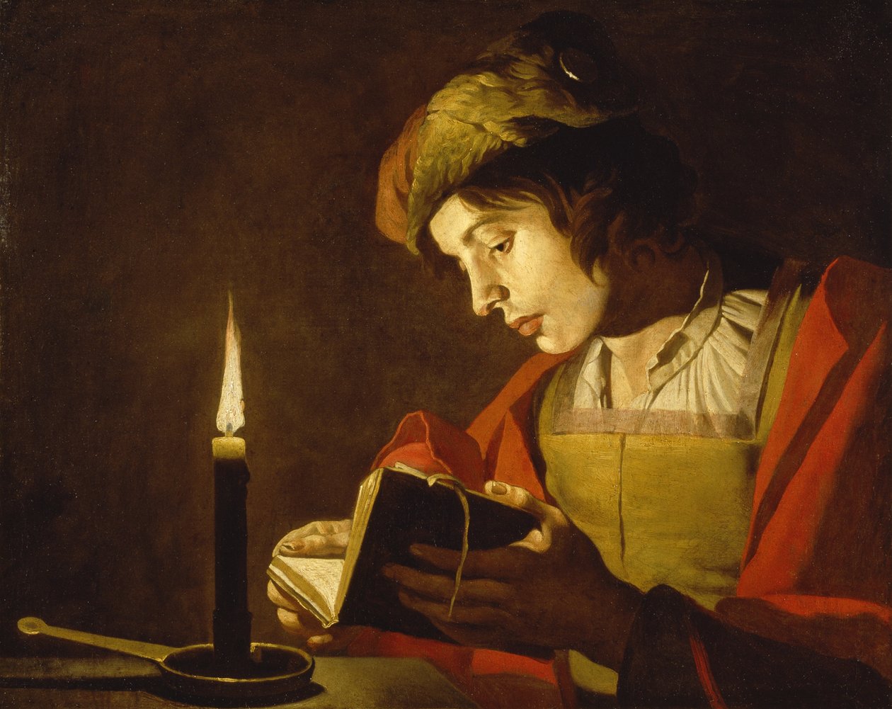 Un jeune homme lisant à la lumière de la bougie - Matthias (c.1600 p.1650) Stomer