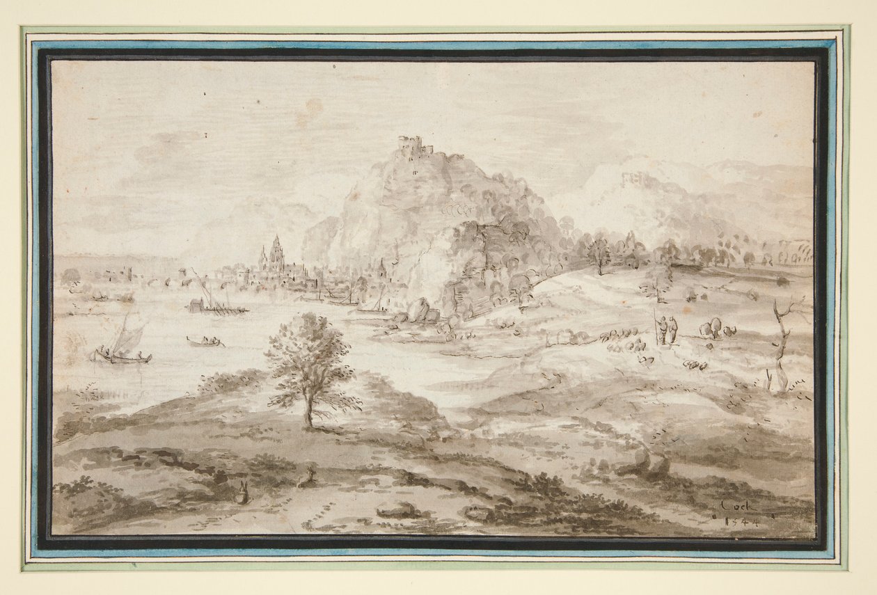 Paysage montagneux avec port et ville - Matthys Cock