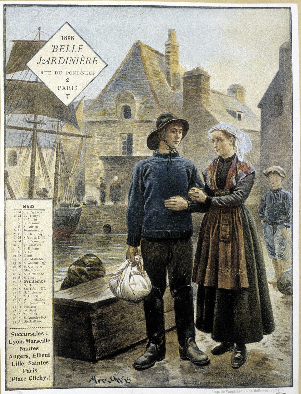 Le départ des pêcheurs bretons pour Terre-Neuve - calendrier de magasin « La Belle Jardinière » - Maurice Henri Orange