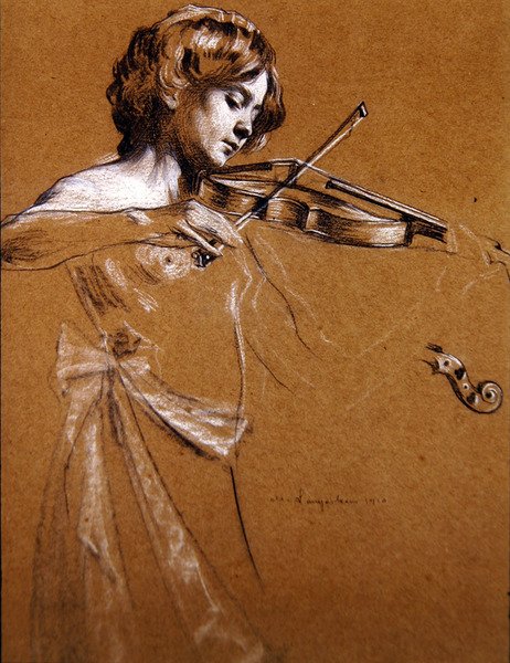 Jeune fille jouant du violon avec les seins nus - Maurice Langaskens
