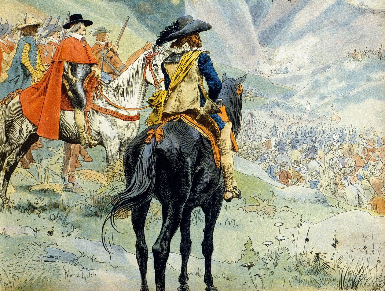 Histoire de France : Guerre de la Succession de Mantoue (1628-1631) pendant la guerre de Trente Ans. La bataille du Pas de Suze (Suse) représentant le roi Louis XIII (1601-1643) et le cardinal Richelieu (Armand Jean du Plessis) - Maurice Leloir