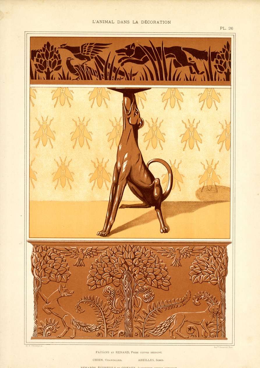 Motifs animaliers Art Nouveau : chien, faisan et abeilles (litho) - Maurice Pillard Verneuil