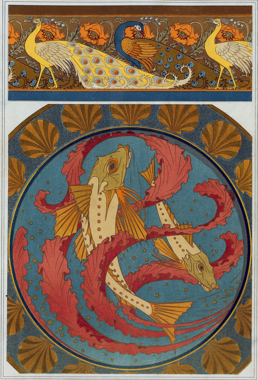 Dessins pour la bordure de paon et de pavot, et assiette en émail avec décoration de grondins et d
