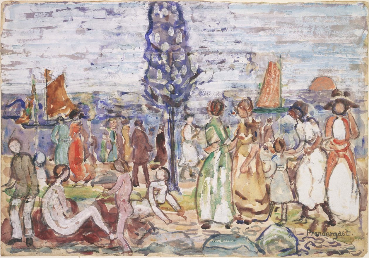 Plage avec un arbre bleu - Maurice Prendergast