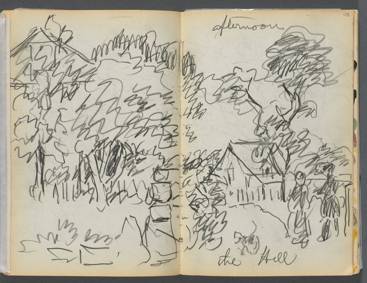 Sketchbook- The Granite Shore Hotel, Rockport, page 104- 105 : "Afternoon , the hill" (Après-midi sur la colline) - Maurice Prendergast