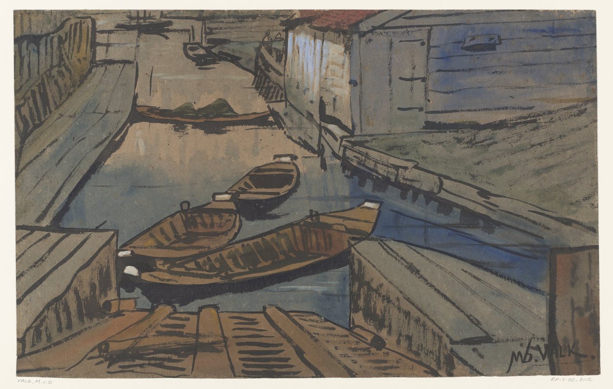 Petits bateaux dans un fossé entre des granges - Maurits van der Valk