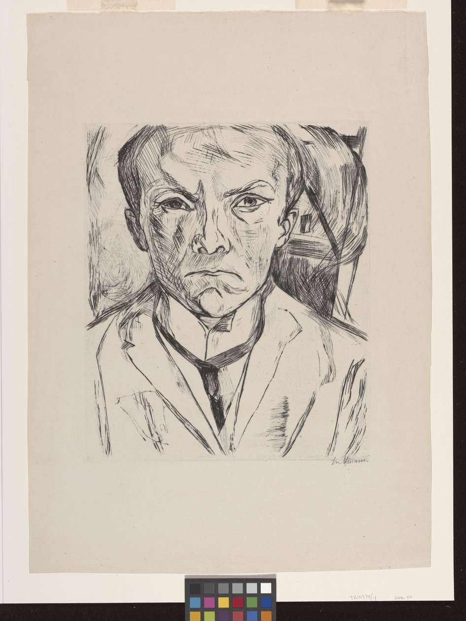 Autoportrait frontal avec pignon de maison en arrière-plan - Max Beckmann