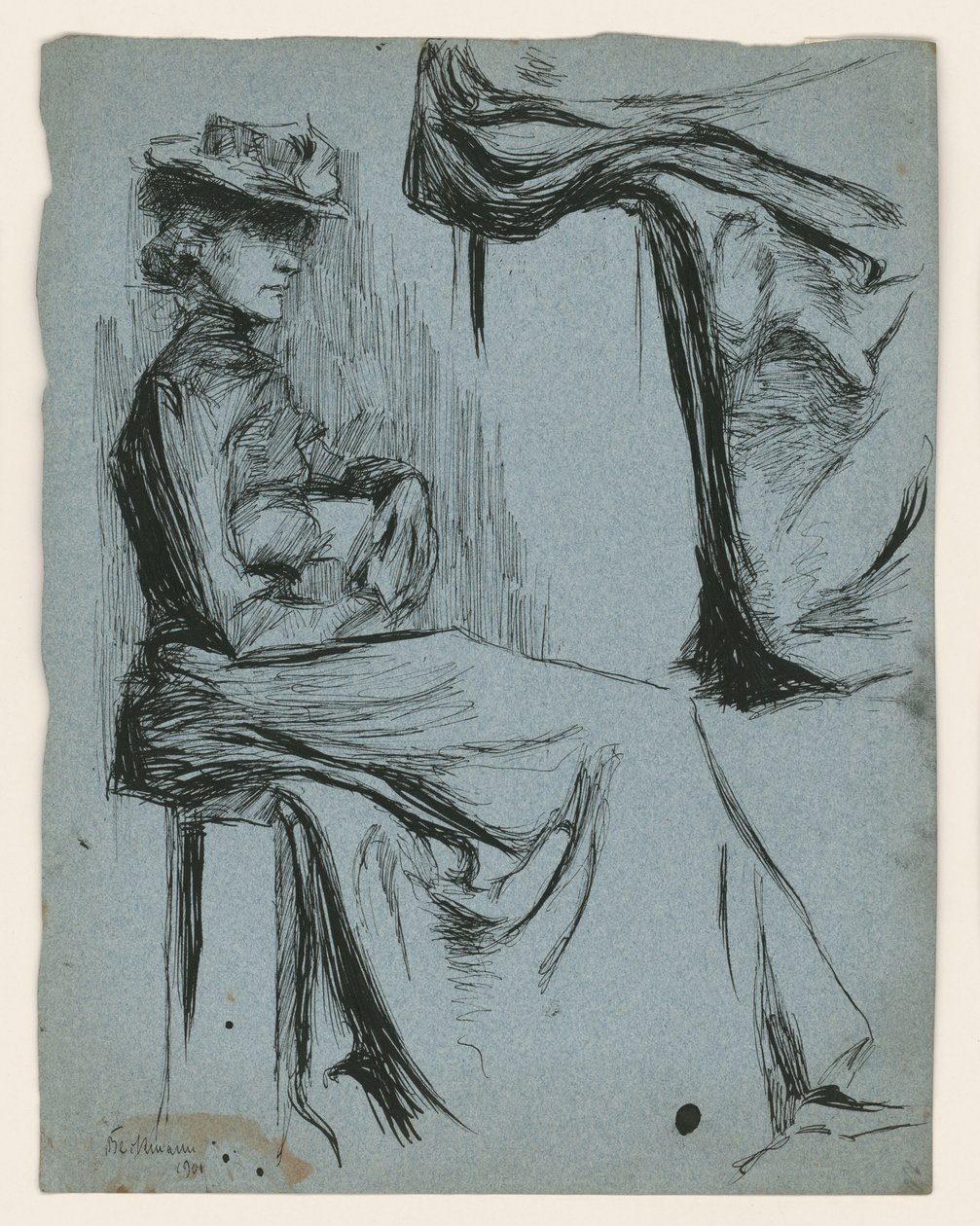 Femme assise avec chapeau, de profil vers la droite, et étude de détail de sa robe - Max Beckmann