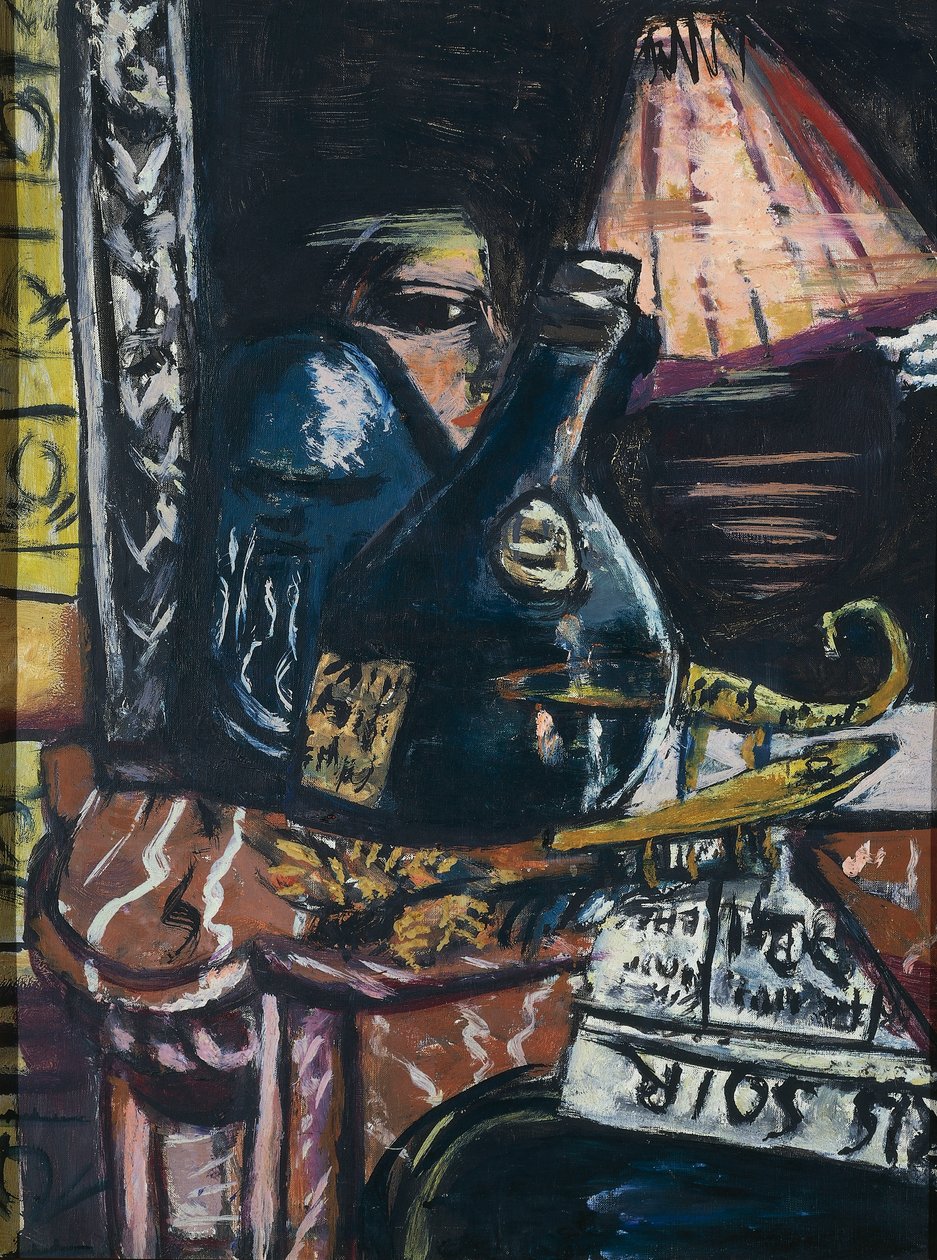 Nature morte avec bouteille de schnaps de travers et Bouddha - Max Beckmann