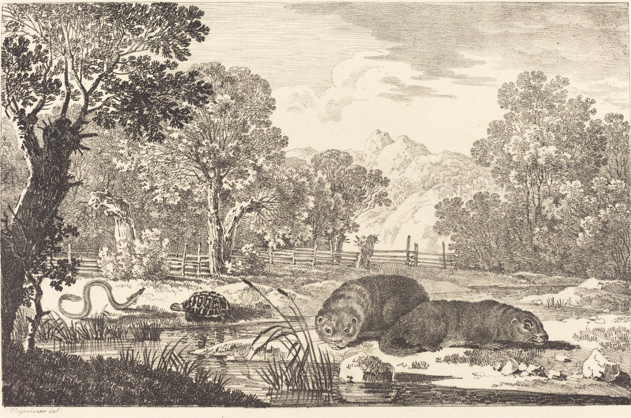 Paysage fluvial avec deux castors - Max Joseph Wagenbauer
