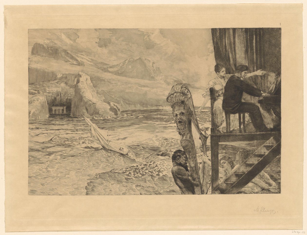 Pianiste sur un balcon en bois, entouré de nymphes, face à une baie - Max Klinger