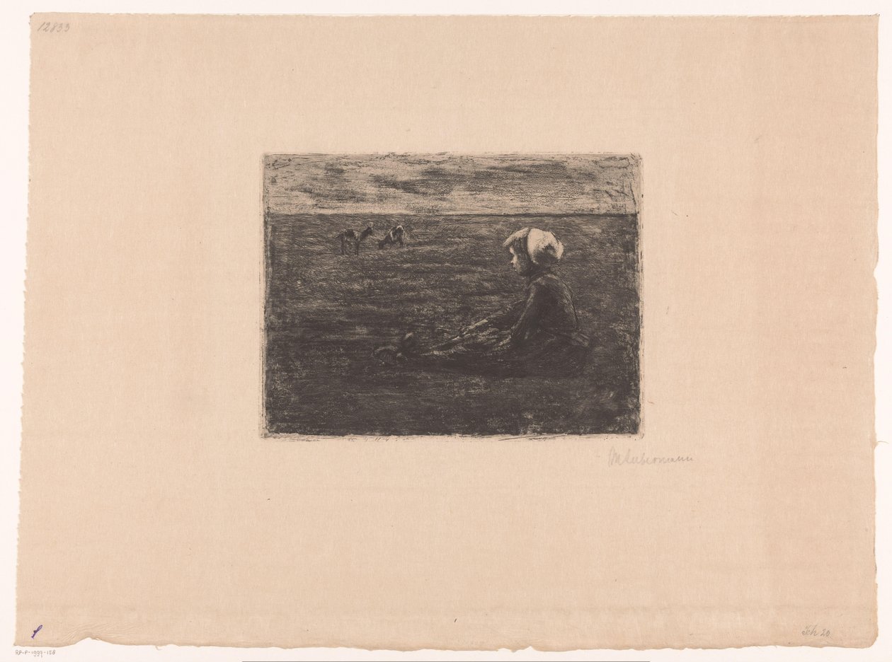 Jeune bergère assise dans le champ - Max Liebermann (signed by artist)