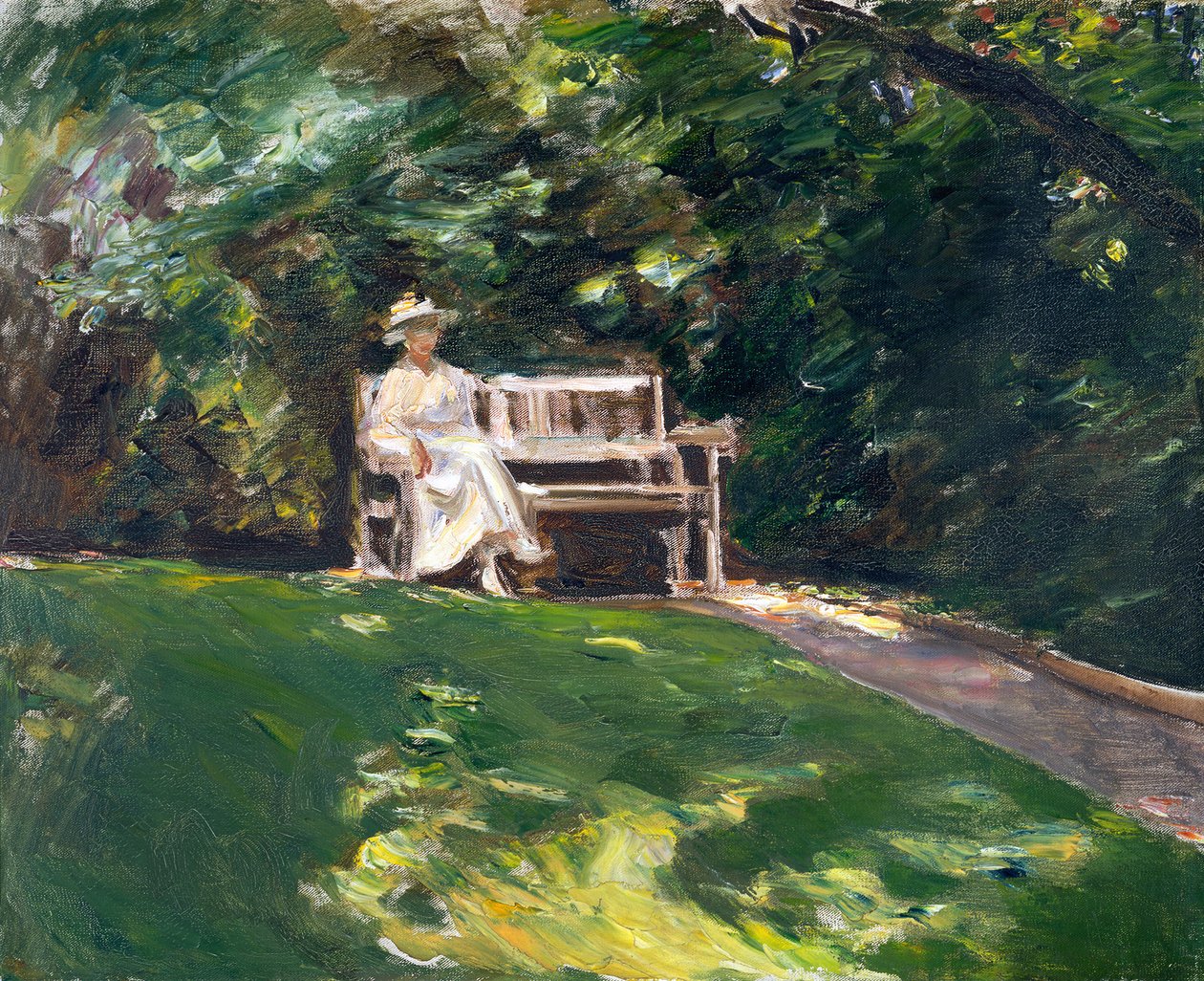 Figure de sa fille sur un banc de jardin blanc - Max Liebermann