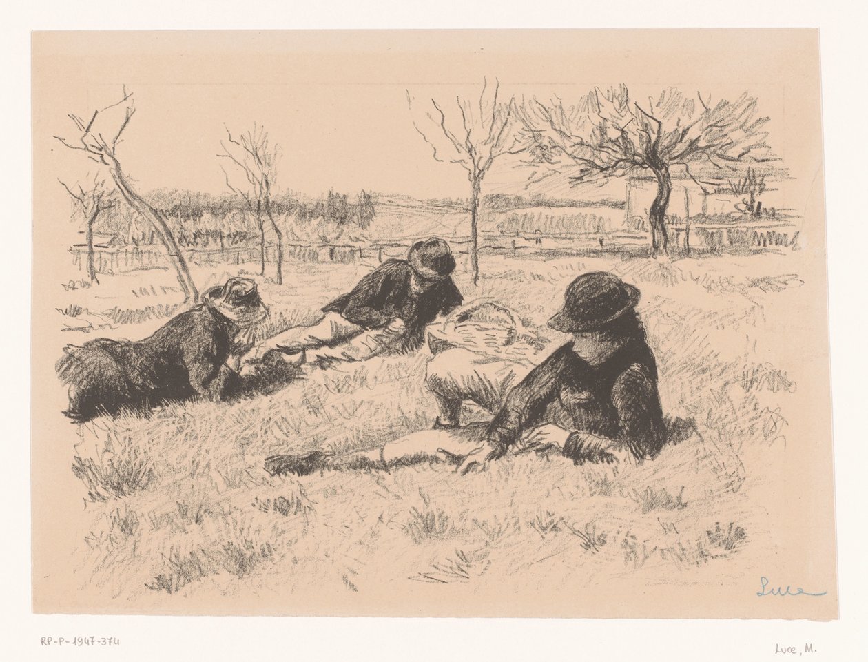 Trois hommes se reposant dans un pré - Maximilien Luce (signed by artist)