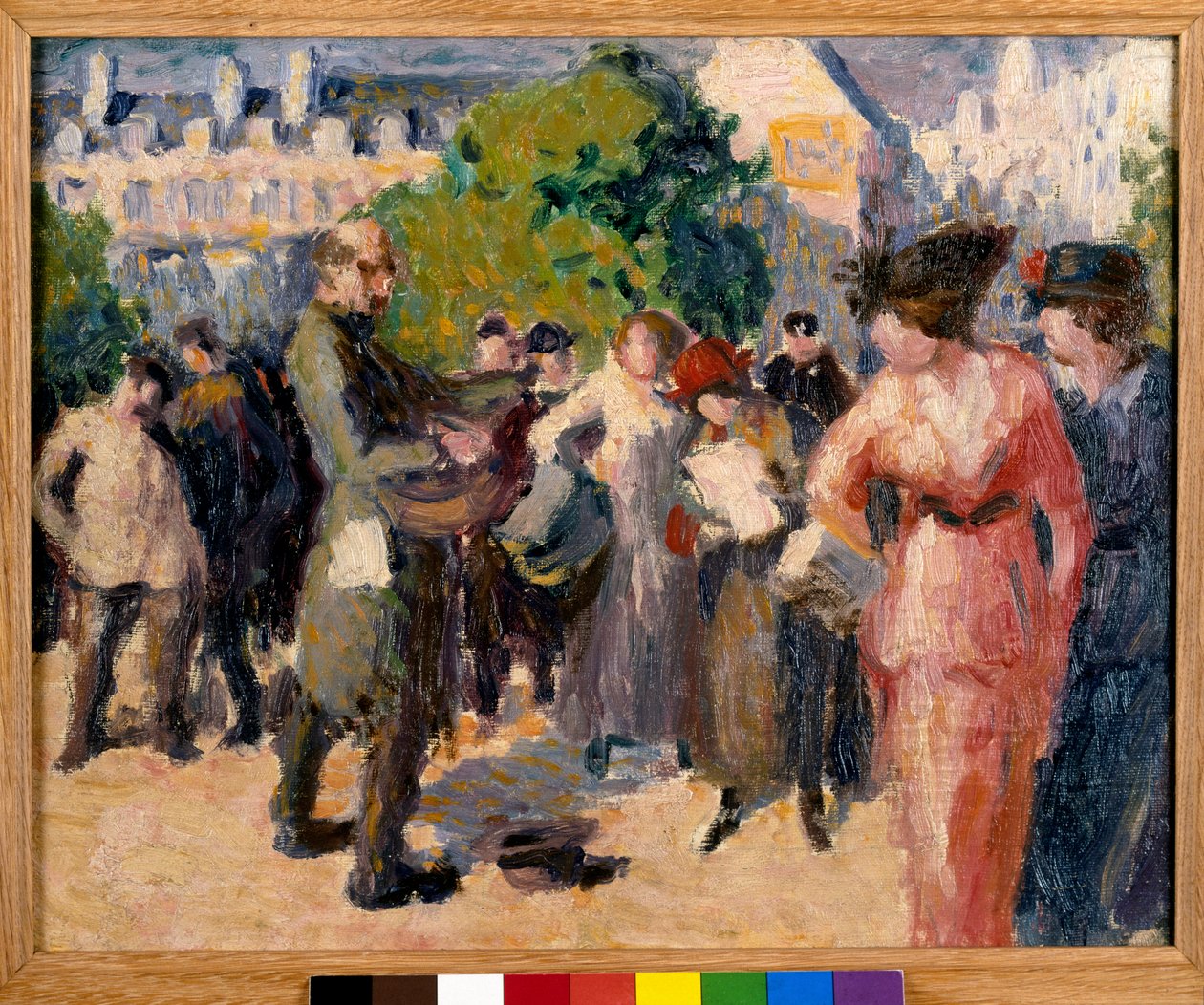 Scene de rue. Un mendiant avec une vielle a roue joue dans un jardin a Paris. Peinture de Maximilien Luce (1858-1941). Huile sur toile. Collection privee - Maximilien Luce