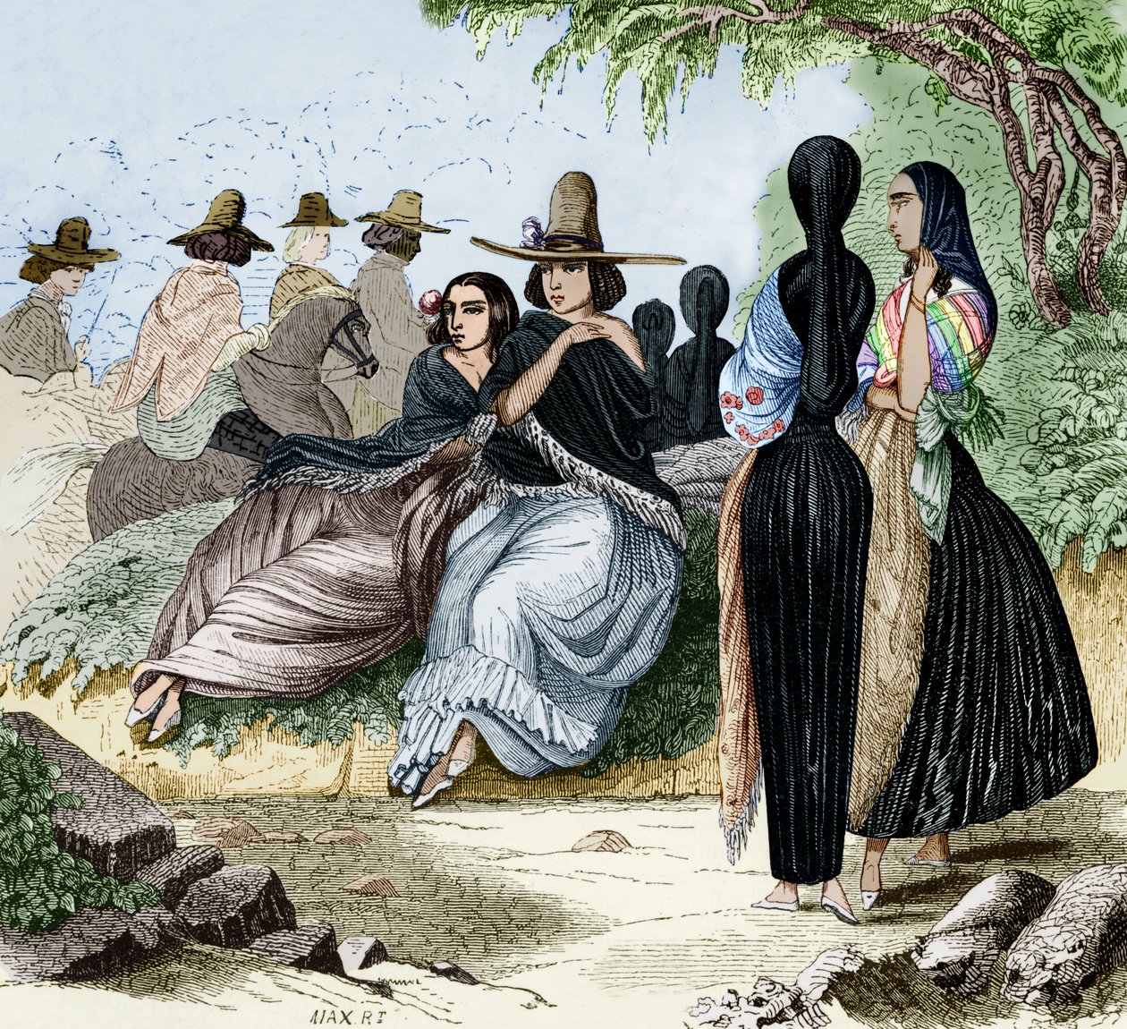 Femmes de Lima au Pérou, gravure du voyage de Radiguet à Lima dans les années 1840, document colorisé - Maximilien Radiguet