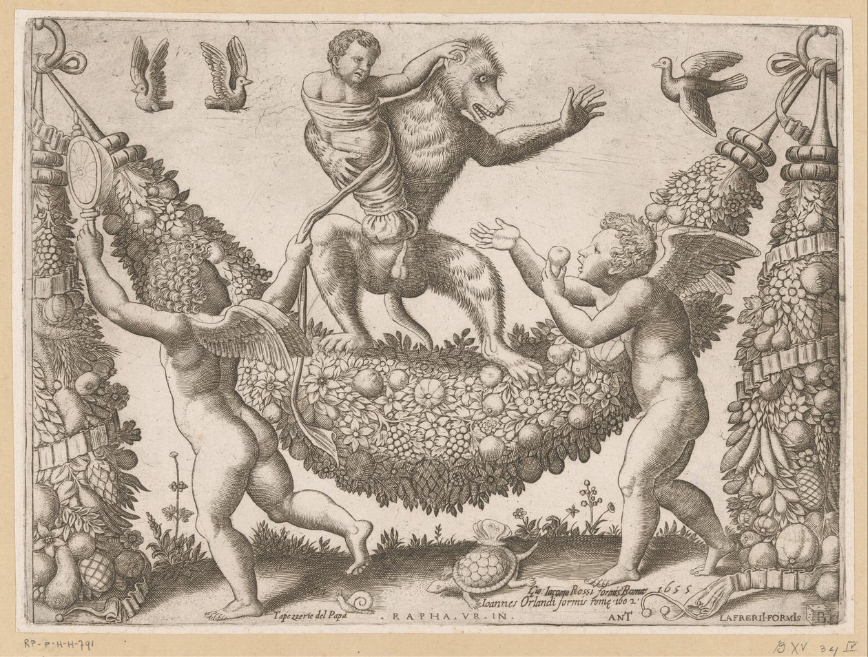 Putti ridiculisant un singe - Meester van de Dobbelsteen