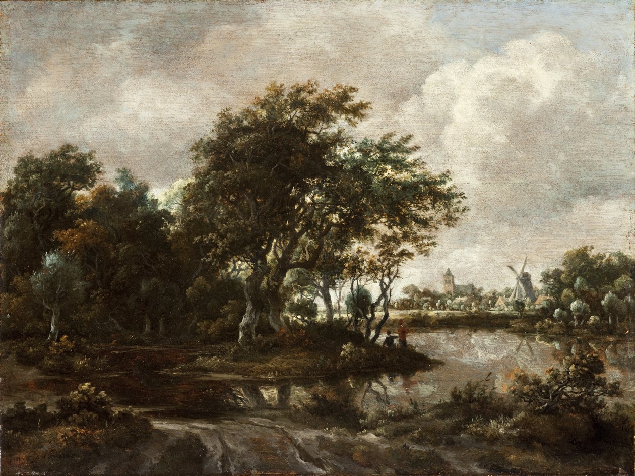 Paysage avec pêcheurs à la ligne et une ville au loin - Meindert Hobbema