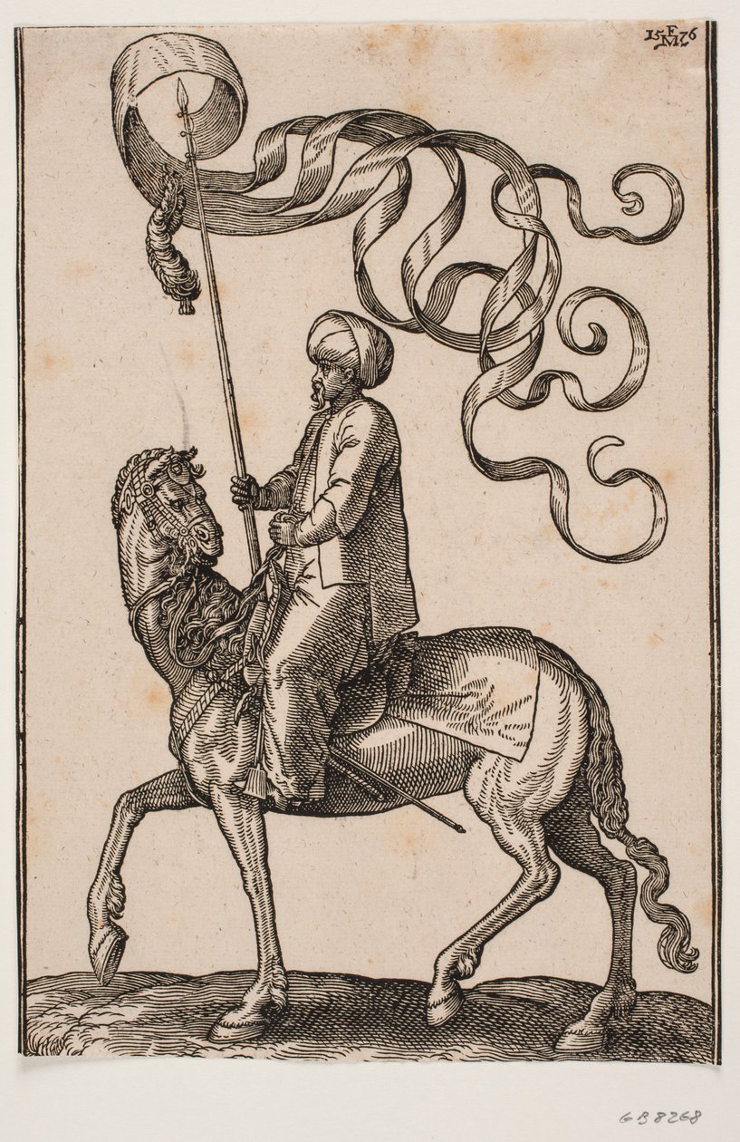 Porteur de standard à cheval, profil vers la gauche; la standard est à trois pointes et une plume est suspendue en dessous; son épée placée entre sa jambe gauche et le flanc du cheval - Melchior Lorck