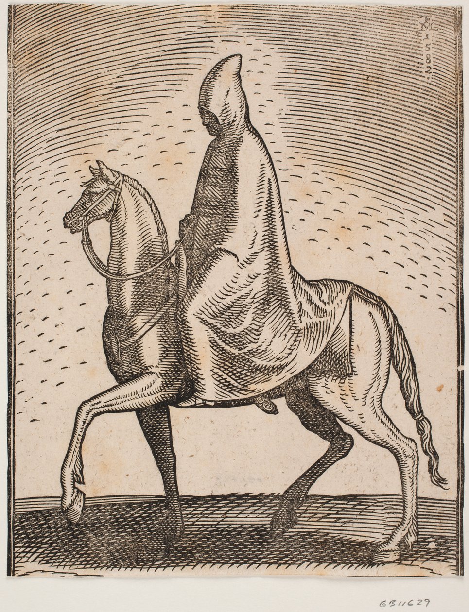 Cavalier portant un manteau et un chapeau, profil vers la gauche; sous son manteau, une épée peut être aperçue - Melchior Lorck
