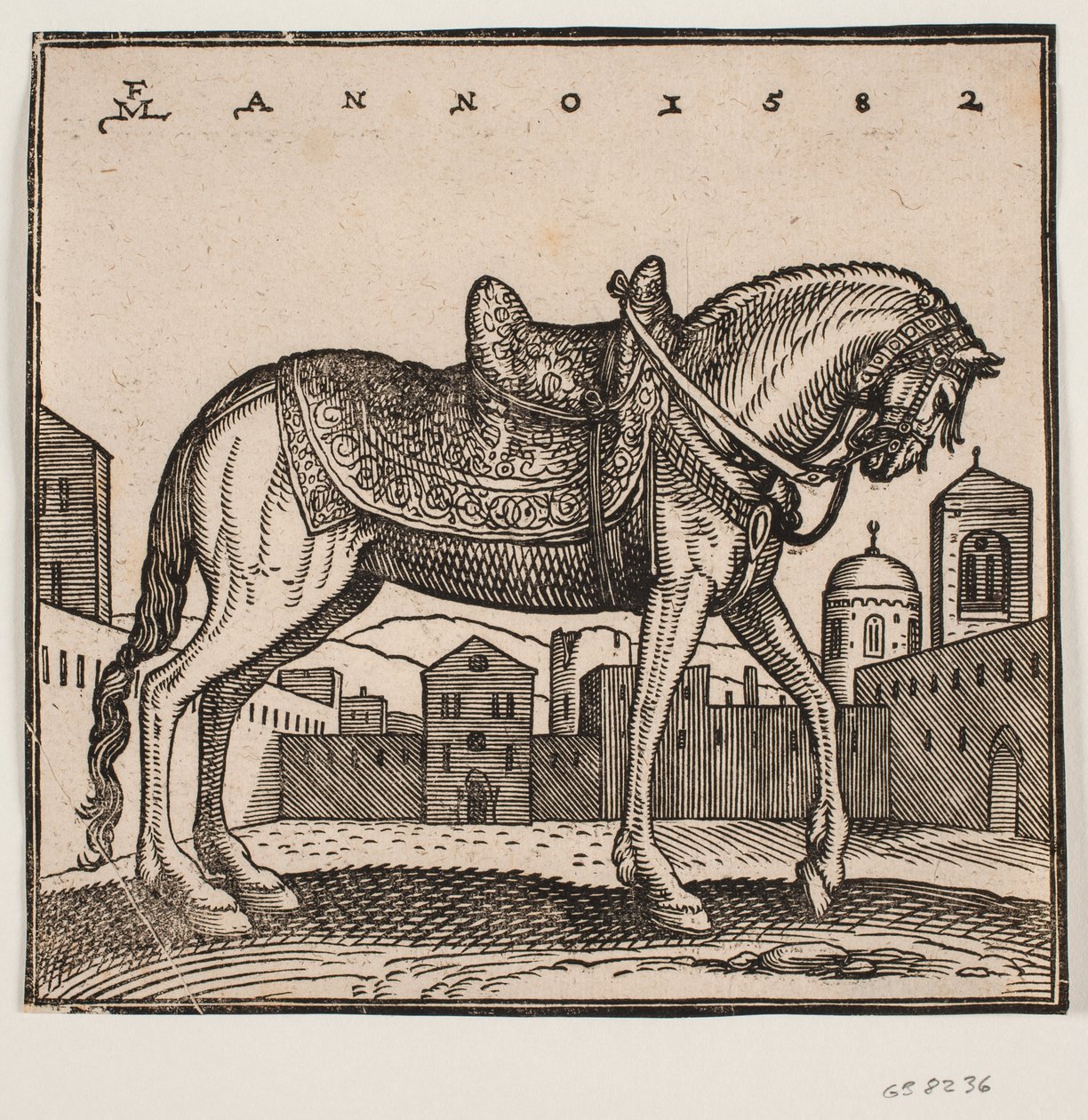 Cheval élégamment sellé, profil vers la droite, sur une place rectangulaire - Melchior Lorck