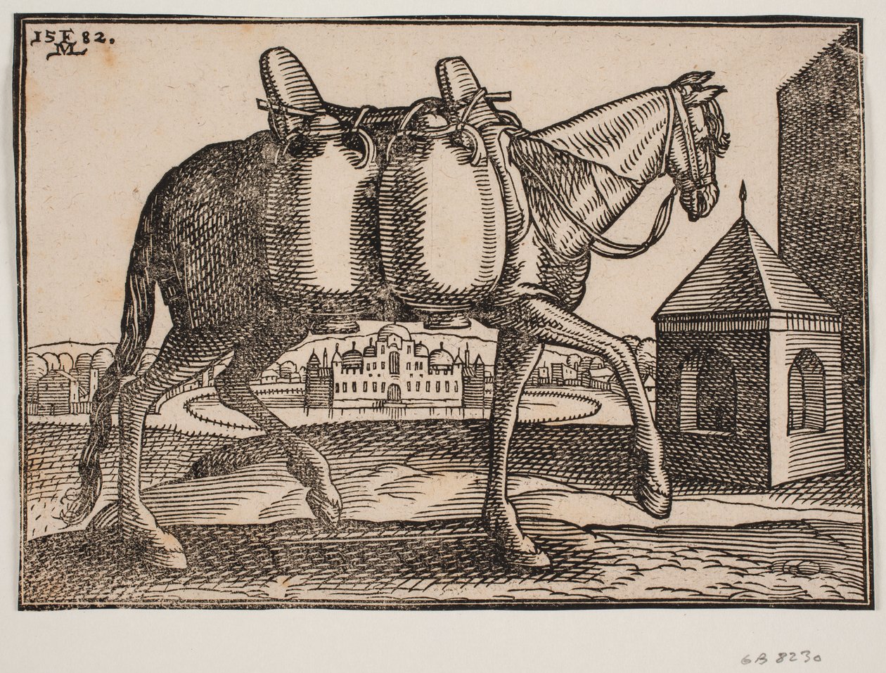 Cheval, profil vers la droite; sur son côté visible pendent deux récipients en céramique; devant le cheval un puits carré avec un toit pointu, derrière le cheval un château avec des créneaux et des coupoles, entouré d