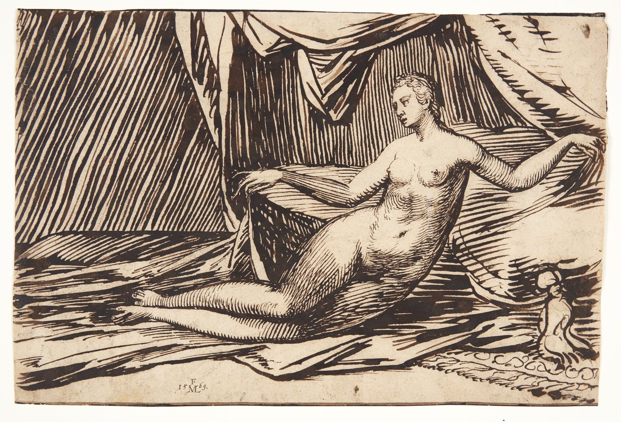 Femme nue allongée sous une draperie en forme de tente - Melchior Lorck