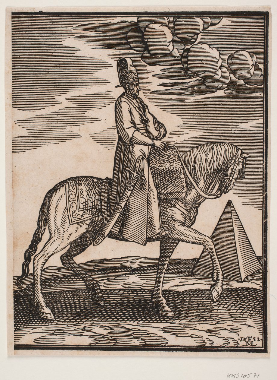 Cavalier avec une flasque autour du cou, profil vers la droite; une épée à son côté droit et des bagages devant lui, drapés sur la selle; à droite, en arrière-plan, une pyramide - Melchior Lorck